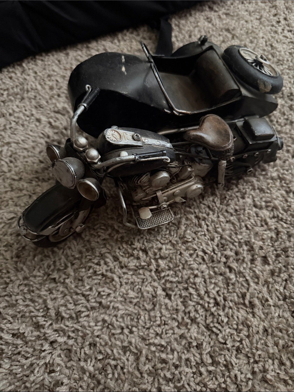 Black Metal Motorcycle Model with Sidecar - Decorative Collectible